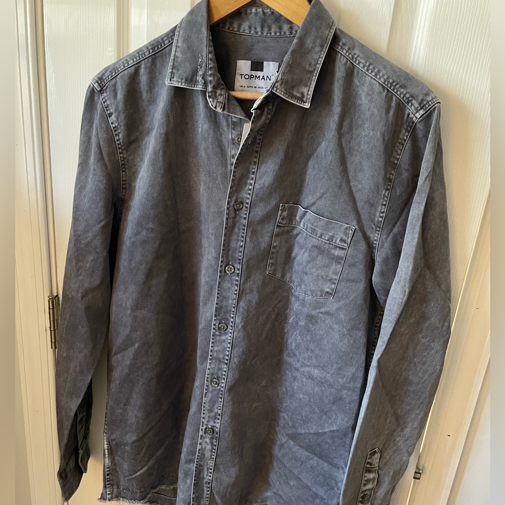 Topman Acid Washed Dark Gray Button Front Shirt Overshirt Medium Distressed